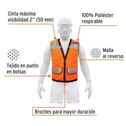Chalecos reforzados  cintas de 2'' maxima visibilidad  con broches y 7 bolsas (Naranja) Talla M